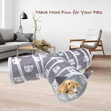 Vehomy Cat Kitten Tunnels Rabbit 3 Way Collapsible Tunnel with Cute Kitten Patterns and Cat Ears Small Pet Hideout Activity Tunnel Tube Toy for Bunny Kitten Cat Dwarf Guinea Pig T Shape