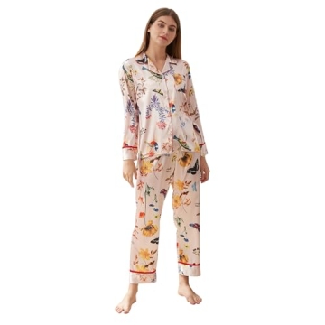 Belle Heure Women’s Silk Satin Classic Long Sleeve Pajamas Button Down Silky Floral Animals Patter...