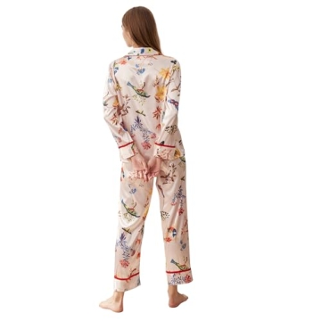 Belle Heure Women’s Silk Satin Classic Long Sleeve Pajamas Button Down Silky Floral Animals Pattern Set Loungewear Sleepwear