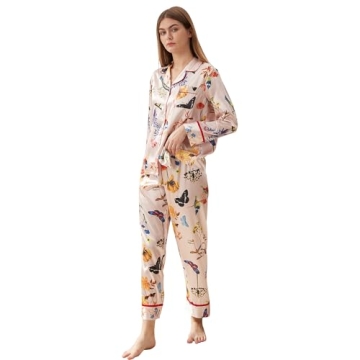 Belle Heure Women’s Silk Satin Classic Long Sleeve Pajamas Button Down Silky Floral Animals Pattern Set Loungewear Sleepwear