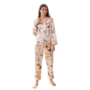 Belle Heure Women’s Silk Satin Classic Long Sleeve Pajamas Button Down Silky Floral Animals Pattern Set Loungewear Sleepwear