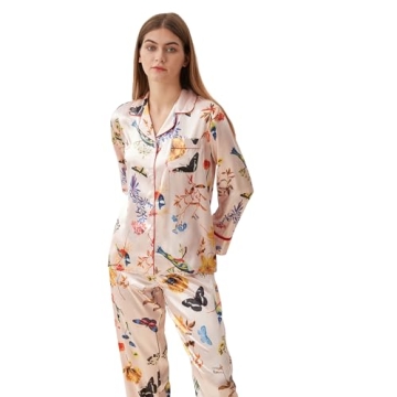 Belle Heure Women’s Silk Satin Classic Long Sleeve Pajamas Button Down Silky Floral Animals Pattern Set Loungewear Sleepwear
