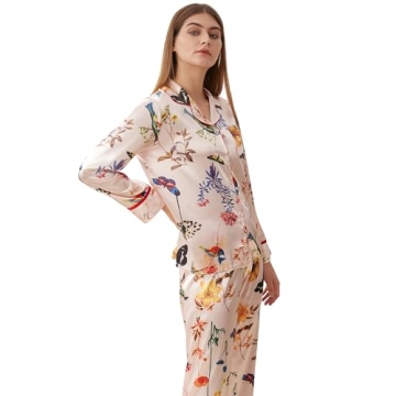 Belle Heure Women’s Silk Satin Classic Long Sleeve Pajamas Button Down Silky Floral Animals Pattern Set Loungewear Sleepwear