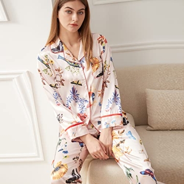 Belle Heure Women’s Silk Satin Classic Long Sleeve Pajamas Button Down Silky Floral Animals Pattern Set Loungewear Sleepwear