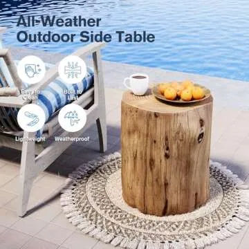HOMPUS Concrete Outdoor Side Table Tree Stump Modern Round Coffee Table Accent Table Plant Stand Faux Wood End Table Garden Stool for Patio,Home Decor, Living Room(Light Oak)
