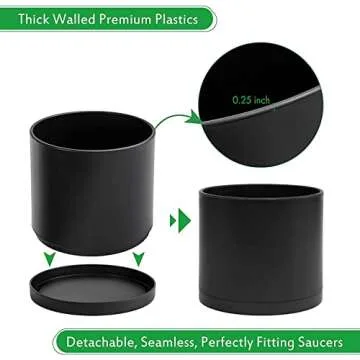 D'vine Dev 8 Inch Plastic Planter Pots for Plant Pot with Drainage Hole and Seamless Saucers, Black Color, 74-X-B-1