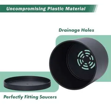 D'vine Dev 8 Inch Plastic Planter Pots for Plant Pot with Drainage Hole and Seamless Saucers, Black Color, 74-X-B-1