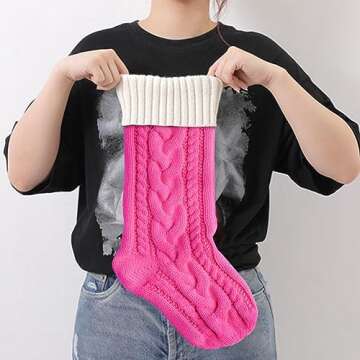 Nanou Christmas Stockings 18" Knitted Christmas Socks Family Holiday Decorations Great Big Stockings for Gift to Family, Friends and Kids (Rose Pink(Body)+Ivory(Mouth), Length 18",Pack 1)