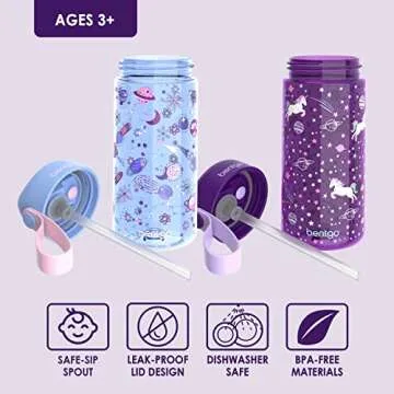 Bentgo Kids Water Bottle 2-Pack - Leak-Proof, Durable Tritan, BPA-Free 15 oz Cup for Kids/Toddlers 3+; Flip-Up Straw; Dishwasher Safe for School/Sports/Daycare/Camp (Unicorn/Lavender Galaxy)