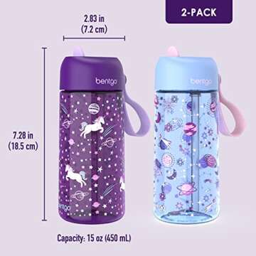 Bentgo Kids Water Bottle 2-Pack - Leak-Proof, Durable Tritan, BPA-Free 15 oz Cup for Kids/Toddlers 3+; Flip-Up Straw; Dishwasher Safe for School/Sports/Daycare/Camp (Unicorn/Lavender Galaxy)