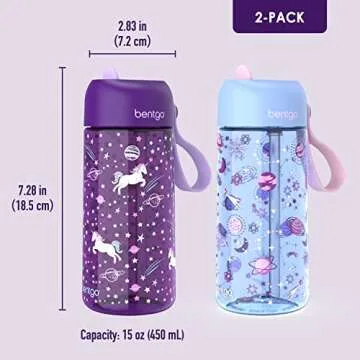 Bentgo Kids Water Bottle 2-Pack - Leak-Proof, Durable Tritan, BPA-Free 15 oz Cup for Kids/Toddlers 3+; Flip-Up Straw; Dishwasher Safe for School/Sports/Daycare/Camp (Unicorn/Lavender Galaxy)