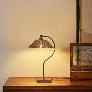 Fetason Hand Woven Rattan Table Lamp Vintage Desk Lamp for Home Office Table Lamp for Living Room Be...