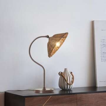 Fetason Hand Woven Rattan Table Lamp Vintage Desk Lamp for Home Office Table Lamp for Living Room Bedroom Bedside Nightstand Lamp Farmhouse Antique Table Lamp Rustic Industrial Lamp E26 LED