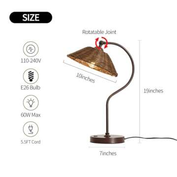Fetason Hand Woven Rattan Table Lamp Vintage Desk Lamp for Home Office Table Lamp for Living Room Bedroom Bedside Nightstand Lamp Farmhouse Antique Table Lamp Rustic Industrial Lamp E26 LED