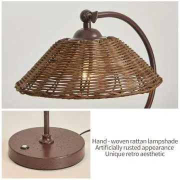 Fetason Hand Woven Rattan Table Lamp Vintage Desk Lamp for Home Office Table Lamp for Living Room Bedroom Bedside Nightstand Lamp Farmhouse Antique Table Lamp Rustic Industrial Lamp E26 LED