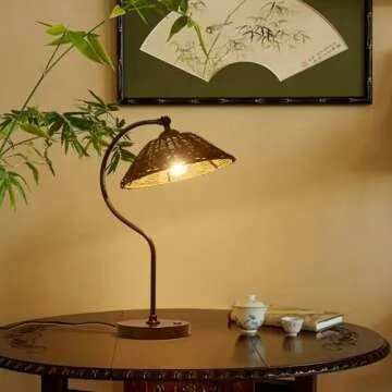 Fetason Hand Woven Rattan Table Lamp Vintage Desk Lamp for Home Office Table Lamp for Living Room Bedroom Bedside Nightstand Lamp Farmhouse Antique Table Lamp Rustic Industrial Lamp E26 LED