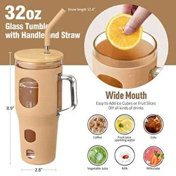 VOKOVO 32 Oz Glass Tumbler with Bamboo Lid and Straw