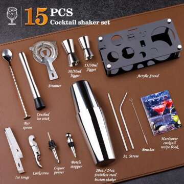 Cocktail Shaker Set Bartender Kit : 15-Piece Bar Tool Set with Acrylic Stand Bar Set with All Practi...