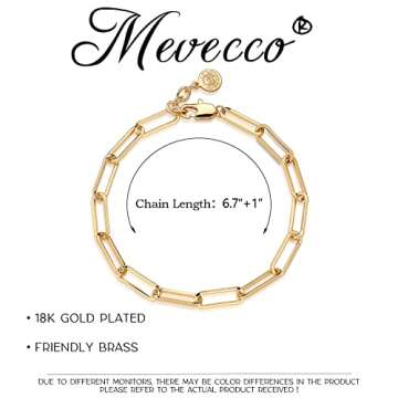 MEVECCO Dainty Oval Paper Clip Link Chain Bracelet Gold Chunky Radial Rolo Paperclip Link Bracelet 18K Gold Plated Delicate Wide Women Personalized Gift