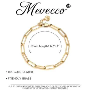 MEVECCO Dainty Oval Paper Clip Link Chain Bracelet Gold Chunky Radial Rolo Paperclip Link Bracelet 18K Gold Plated Delicate Wide Women Personalized Gift