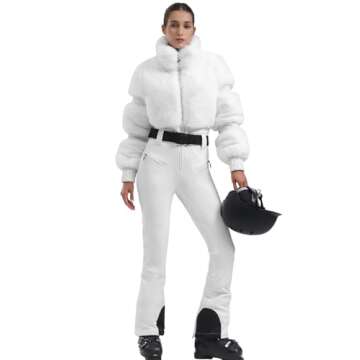 GSOU SNOW Women Ski Suit One Piece Snowsuit Snowboard Faux Fur Collar Slim Jumpsuit Jacket Insulated Windproof Outdoor Winter White S
