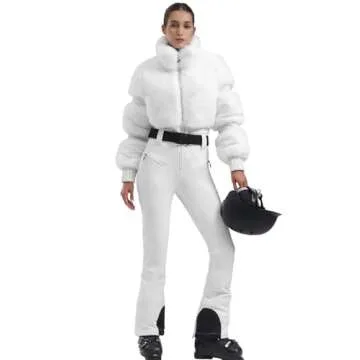 GSOU SNOW Women Ski Suit One Piece Snowsuit Snowboard Faux Fur Collar Slim Jumpsuit Jacket Insulated Windproof Outdoor Winter White S