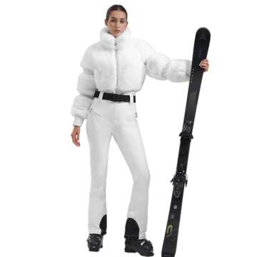 GSOU SNOW Women Ski Suit One Piece Snowsuit Snowboard Faux Fur Collar Slim Jumpsuit Jacket Insulated Windproof Outdoor Winter White S