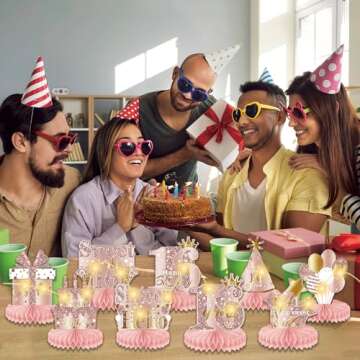 Refavor Sweet 16 Party Decorations - 9PCS Pink Rose Gold 16th Birthday Decorations for Girls Sweet Sixteen Glittery Honeycomb Centerpieces Table Decorations with String Lights 16th Bday Party Decor