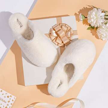 Snug Leaves Women's Fuzzy Scuff Slippers Soft Comfy Memory Foam Non-slip Indoor House Shoes (Cream White, Size 9-10)
