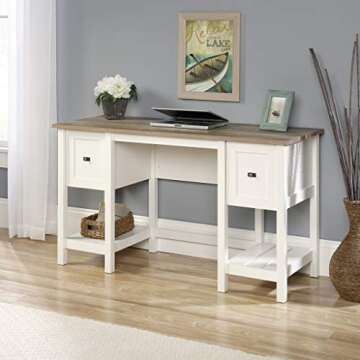 Sauder Cottage Road Computer Drawers and Storage Shelves, Small Study Desk, L: 53.94" x W: 19.45" x H: 29.76", Soft White Finish