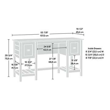 Sauder Cottage Road Computer Drawers and Storage Shelves, Small Study Desk, L: 53.94" x W: 19.45" x H: 29.76", Soft White Finish