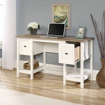 Sauder Cottage Road Computer Drawers and Storage Shelves, Small Study Desk, L: 53.94" x W: 19.45" x H: 29.76", Soft White Finish
