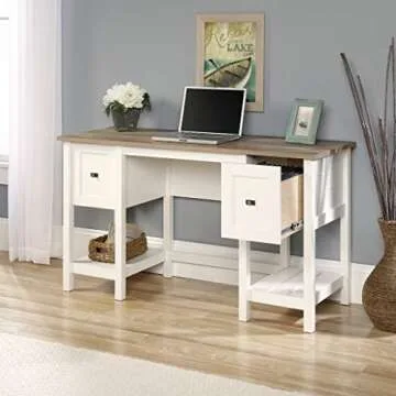 Sauder Cottage Road Computer Drawers and Storage Shelves, Small Study Desk, L: 53.94" x W: 19.45" x H: 29.76", Soft White Finish