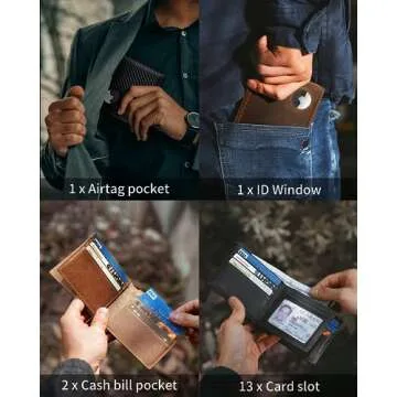 Mens Wallet With AirTag Holder, Bifold Leather RFID Blocking 1-2 ID Windows 12-13 Card Holders, Gift Box and Screen Protector Included, AirTag Not Included