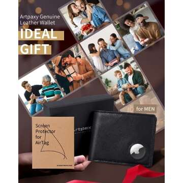 Mens Wallet With AirTag Holder, Bifold Leather RFID Blocking 1-2 ID Windows 12-13 Card Holders, Gift Box and Screen Protector Included, AirTag Not Included