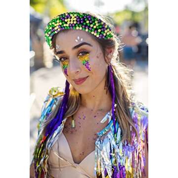 GLBCC Handmade Padded Headband for Women, Purple Green Gold Beaded Headband, Festival Embellished Hair Band, Soft Velvet Elastic Hair Hoop for Mardi Gras Carnival Parade Party