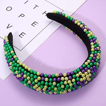 GLBCC Handmade Padded Headband for Women, Purple Green Gold Beaded Headband, Festival Embellished Hair Band, Soft Velvet Elastic Hair Hoop for Mardi Gras Carnival Parade Party
