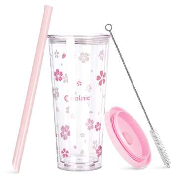 Colnic Reusable Boba Cup With Lids And Straws, 24Oz/700ml Smoothie /Iced Coffee Cup, Leakproof Kawai...