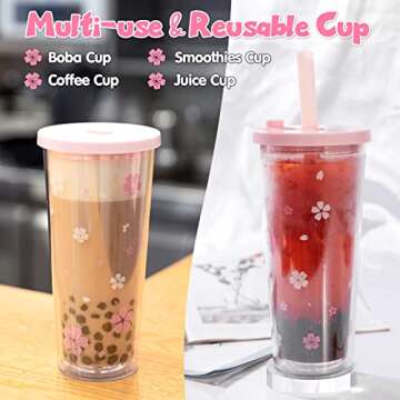 Colnic Reusable Boba Cup With Lids And Straws, 24Oz/700ml Smoothie /Iced Coffee Cup, Leakproof Kawaii Cup Tumbler With Boba Reusable Straw,Double Wall Clear Insulated Bubble Tea Cup