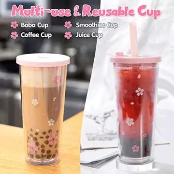 Colnic Reusable Boba Cup With Lids And Straws, 24Oz/700ml Smoothie /Iced Coffee Cup, Leakproof Kawaii Cup Tumbler With Boba Reusable Straw,Double Wall Clear Insulated Bubble Tea Cup