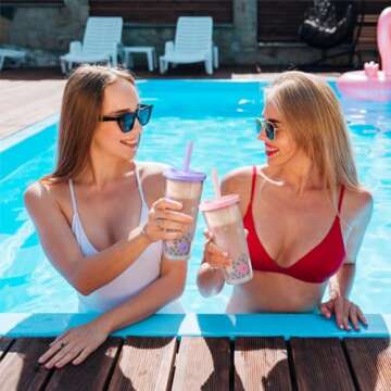 Colnic Reusable Boba Cup With Lids And Straws, 24Oz/700ml Smoothie /Iced Coffee Cup, Leakproof Kawaii Cup Tumbler With Boba Reusable Straw,Double Wall Clear Insulated Bubble Tea Cup