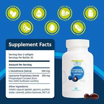 Core Med Science Liposomal Glutathione Supplement (500mg, 60 Softgels) - Pure Reduced Setria with Phospholipid Complex - Antioxidant Supplement for Energy, and Skin