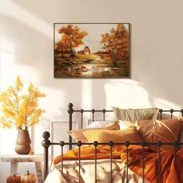 ArtbyHannah Rustic Framed Canvas Wall Art, Landscape Fall Wall Art with Autumn Barn & Country Farmho...