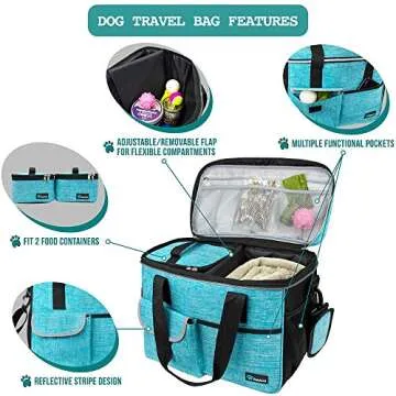 PetAmi Dog Travel Bag, Travel Pet Bag Organizer, Dog Food Travel Bag with Food Container and Bowls, Dog Travel Supplies Gift Accessories for Weekend Camping, Dog Cat Diaper Bag (Sea Blue, Medium)