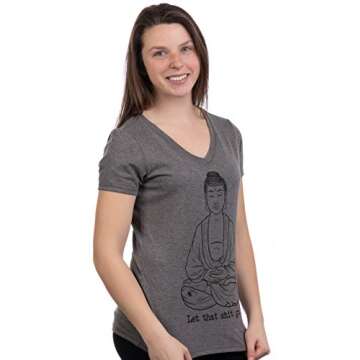 Ann Arbor T-shirt Co. Let That Sh*t Go | Funny Zen Buddha Yoga Mindfulness Peace Hippy Women's T-Shirt-(Vneck,L)