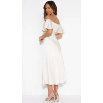 Elegant Satin Off Shoulder Midi Dress for Summer Events