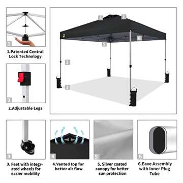 CROWN SHADES 10x10 Pop Up Canopy - Beach Tent with One Push Setup - Easy Outdoor Sun Shade for Events, Parties, Camping - Gazebo with STO-N-Go Cover Bag, Silver Coated Top, Black