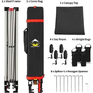 CROWN SHADES 10x10 Pop Up Canopy - Beach Tent with One Push Setup - Easy Outdoor Sun Shade for Events, Parties, Camping - Gazebo with STO-N-Go Cover Bag, Silver Coated Top, Black