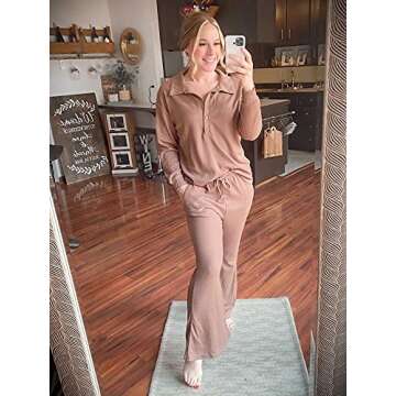 Frolitre Women 2 Piece Tracksuit Outfit Button V Pullover Tops Matching set Jogger Pants Solid Color Waffle Knit Long Sleeve Shirts Sets Coffee