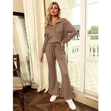 Frolitre Women 2 Piece Tracksuit Outfit Button V Pullover Tops Matching set Jogger Pants Solid Color Waffle Knit Long Sleeve Shirts Sets Coffee